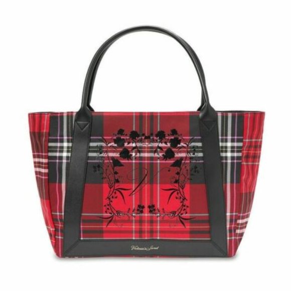 Victorias Secret PLAID Tote Weekender Tartan Plaid Black Red Logo Carry On NEW - Picture 2 of 16